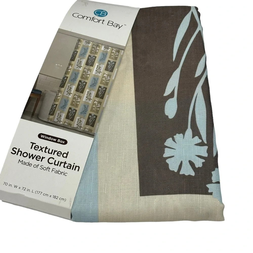 Tiffany Blue & Brown Floral Textured Fabric Shower Curtain 70”X72” NEW Washable